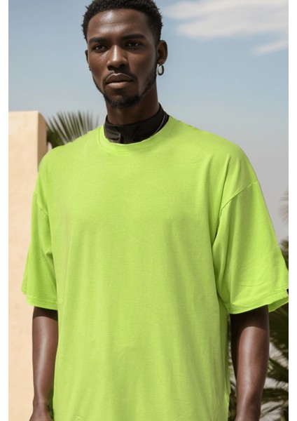 Erkek Plain Oversize Neon Sarı T-Shirt