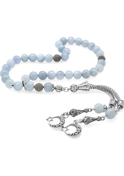 Kararmaz Metal Ayyıldız Püsküllü Küre Kesim Aquamarin Doğaltaş Tesbih