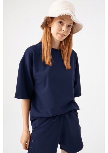 Kadın Plain Oversize Lacivert T-Shirt