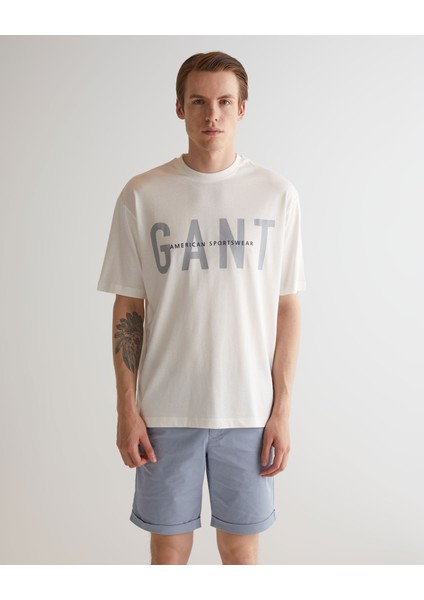 Erkek Krem Oversize Fit Bisiklet Yaka Logolu T-Shirt 2324142T.113