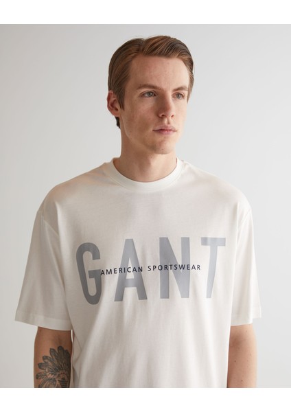 Erkek Krem Oversize Fit Bisiklet Yaka Logolu T-Shirt 2324142T.113