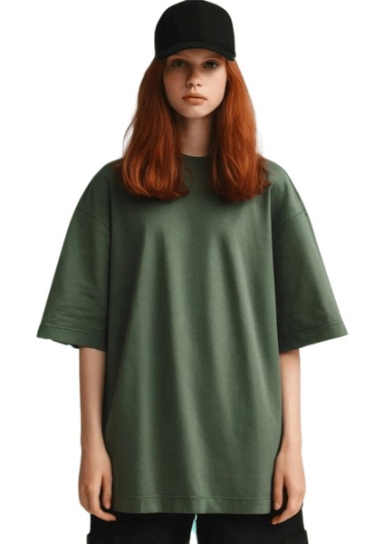 Kadın Plain Oversize Yeşil T-Shirt