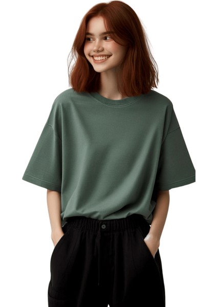 Kadın Plain Oversize Yeşil T-Shirt
