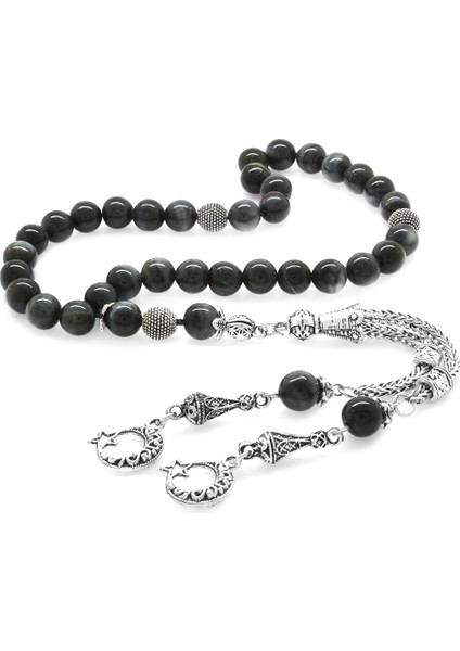 Kararmaz Metal Ayyıldız Püsküllü Küre Kesim Gri Kaplangözü Doğaltaş Tesbih