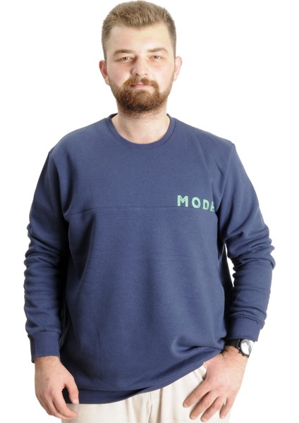 Büyük Beden Erkek Sweatshirt Bisiklet Yaka Mode 23529 Indigo