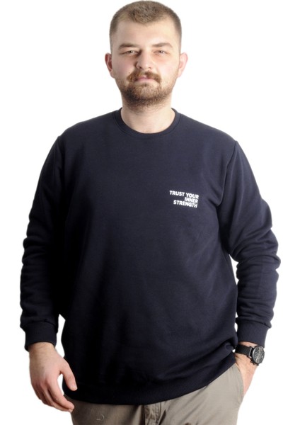 Büyük Beden Erkek Sweathirt Bisiklet Yaka Nakışlı Sweat 23525 Lacivert