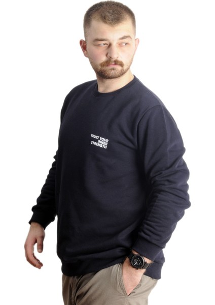 Büyük Beden Erkek Sweathirt Bisiklet Yaka Nakışlı Sweat 23525 Lacivert fiyatları