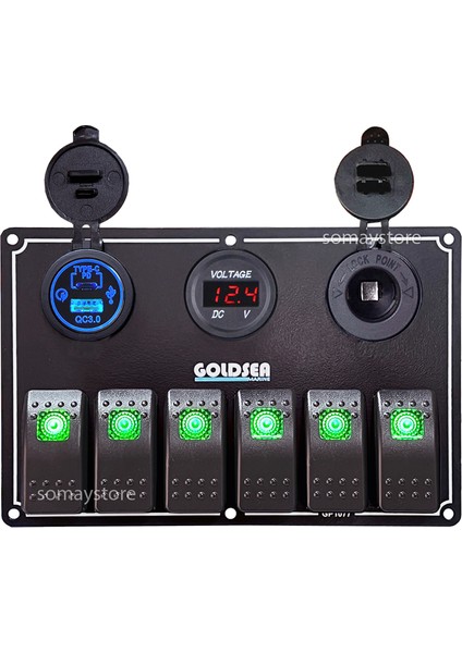 Switch Panel 6 Anahtarlı Usb Type-C + Voltmetre + Şarj Soketli 12-24V 120X180mm Yeşil Işık