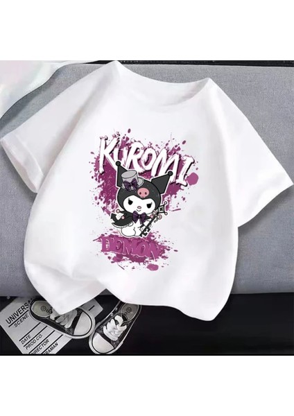 Özel Tasarım Şapkalı Kuromi Baskılı %100 Pamuk Oversize Bisiklet Yaka Kız Çocuk T-Shırt