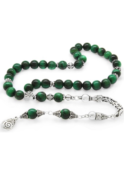 Koleksiyonluk 925 Ayar Gümüş Püsküllü Küre Kesim Yeşil Kaplangözü Doğaltaş Tesbih