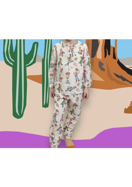 Erkek Çocuk Müslin Kumaş Düğmeli Pijama Takımı Pastel Renk Ev Giyim - Pamuklu Kovboy