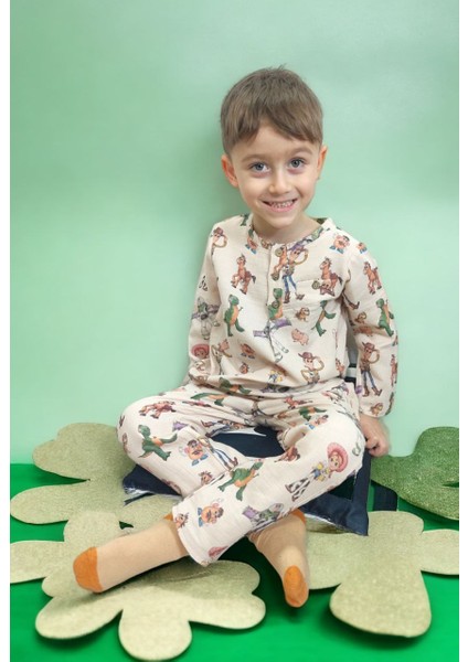 Erkek Çocuk Müslin Kumaş Düğmeli Pijama Takımı Pastel Renk Ev Giyim - Pamuklu Kovboy