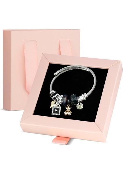 Kilit Figürlü Charm Bileklik-Özel Pembe Kutusunda Hediye Set PS3479