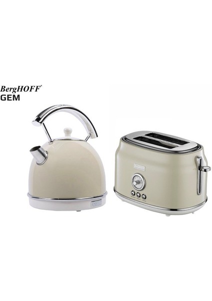 Gem Retro Yuvarlak Su Isıtıcısı Kettle ve Retro Krem Rengi 2 Dilim Ekmek Kızartma Makinesi Seti