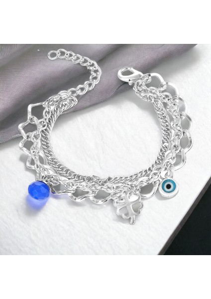 Gümüş Kaplama Çift Sıralı Yonca Figürlü Bayan Bileklik PS3557 modelleri