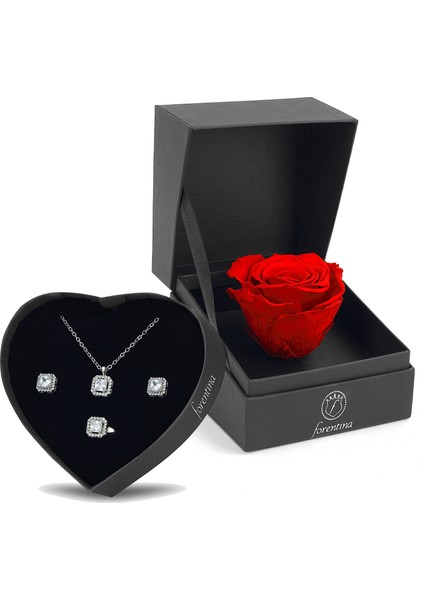 Tektaş Kolye Küpe Yüzük - Kırmızı Solmayan Gül Hediye Set PS2537