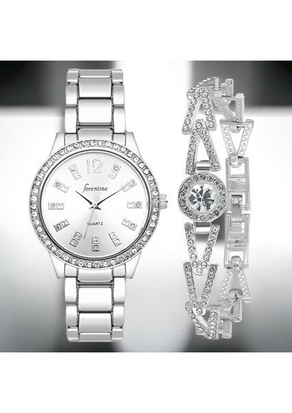 Bayan Gri Metal Kol Saati Bileklik Hediye Set PS3574