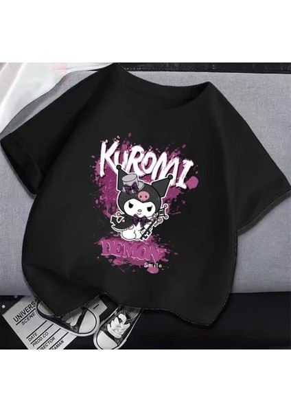 Özel Tasarım Şapkalı Kuromi Baskılı %100 Pamuk Yeni Trend Ter Tutmayan Kız Çocuk T-Shırt
