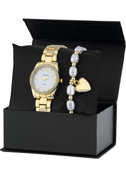 Sarı Metal Kol Saat Kalpli Bileklik Kombin PS2570