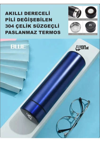 Derece Göstergeli Çelik Termos Pili Değişebilen Kamp,Araç,Ofis Süzgeçli Yeni Nesil Akıllı Mug