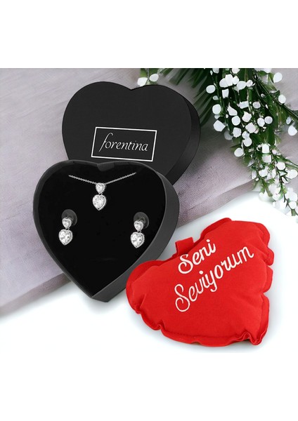 Gümüş Kaplama Çift Kalpli Kolye Küpe Kalpli Yastık Hediye Set PS3394