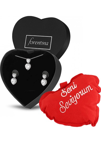 Gümüş Kaplama Çift Kalpli Kolye Küpe Kalpli Yastık Hediye Set PS3394 fırsatları