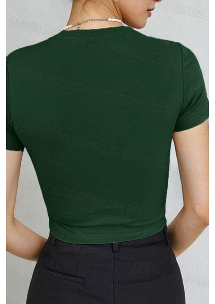Kadın Çimen Yeşili Bisiklet Yaka Likralı Kısa Kol Body Crop Bluz fiyatları