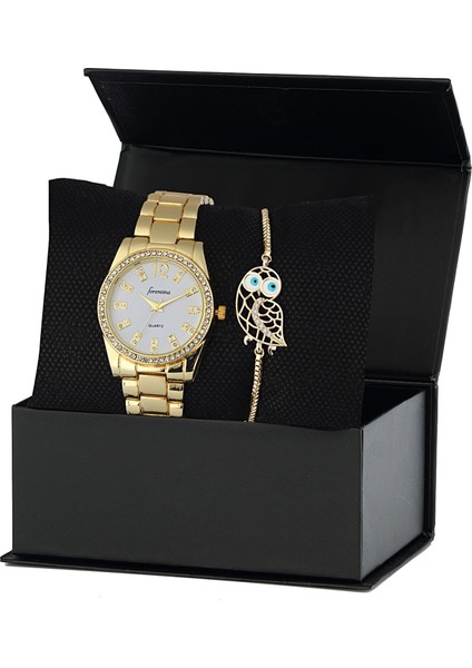 Sarı Metal Bayan Kol Saati Baykuş Bileklik Kombin Set PS2349