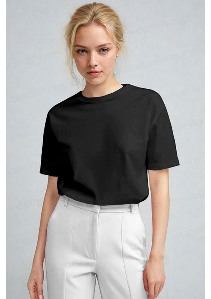 Kadın Siyah %100 Pamuk Nefes Alan Bisiklet Yaka Regular Fit Normal Kesim Baskisiz Basic T-Shirt