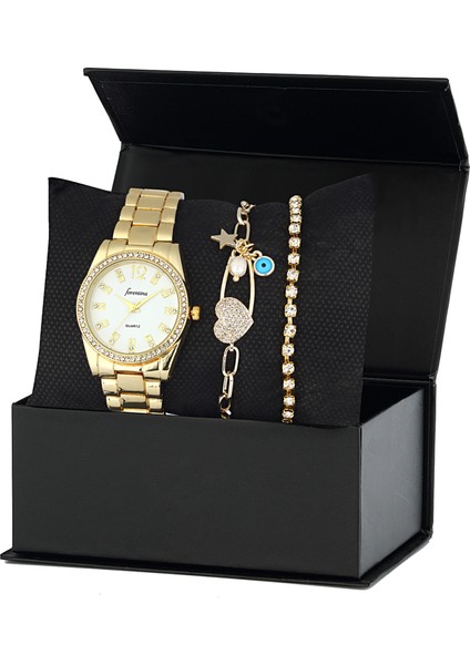 Sarı Metal Bayan Kol Saati 2 Bileklik Kombin Set PS2345