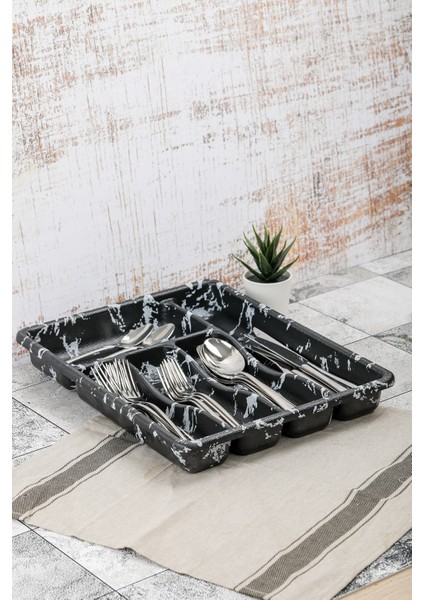 Bölmeli Kaşıklık Çekmecelik Ankastre Siyah Mermer Desenli