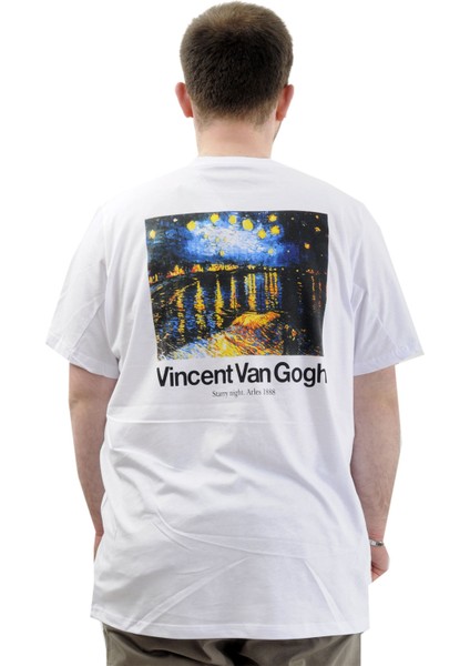 Büyük Beden Baskılı Erkek T-Shirt Bisiklet Yaka Van Gogh U24040 Beyaz