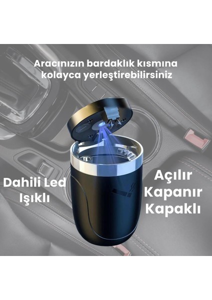 Premium Araç Küllük,su Geçirmez, LED Işıklı, Koku Önleyici, Kapaklı, Yıkanabilir, Su Geçirmez