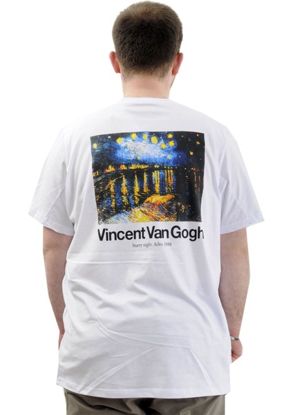 Büyük Beden Baskılı Erkek T-Shirt Bisiklet Yaka Van Gogh U24040 Beyaz fırsatları