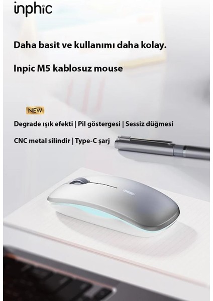 2.4g Şarj Edilebilir Süper Sessiz Ultra Ince Mouse, Şık Işıklı, Metal Silindirli Mouse