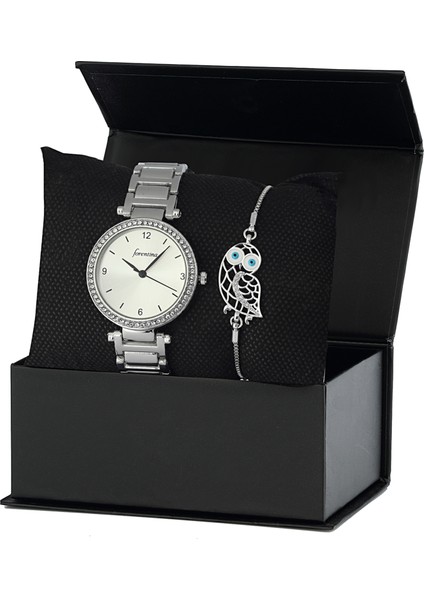 Gri Metal Bayan Kol Saati Baykuş Bileklik Kombin Set PS2340