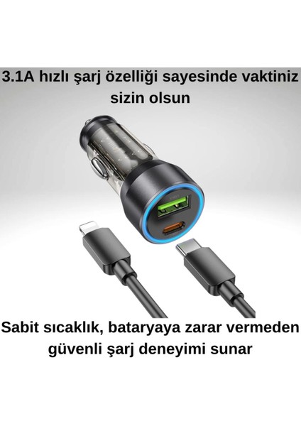 Hc 43W 1x Type-C 1x USB Girişli ve 1mt Type-C To Iphone Lightning Kablolu Araç Şarjı,akım,voltaj,ısı Korumalı