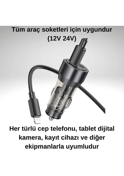 Hc 43W 1x Type-C 1x USB Girişli ve 1mt Type-C To Iphone Lightning Kablolu Araç Şarjı,akım,voltaj,ısı Korumalı