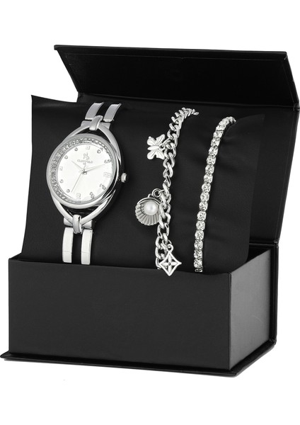 Taşlı Metal Bayan Kol Saati Istiridye Bileklik Kombin Set PS3509