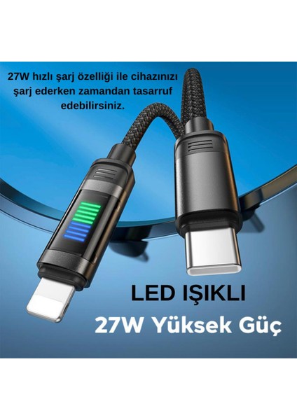 1 Metre 27W Süper Hızlı Kopmaz Type-C To iPhone Lightning Şarj Data Kablosu, Akım, Voltaj Korumalı