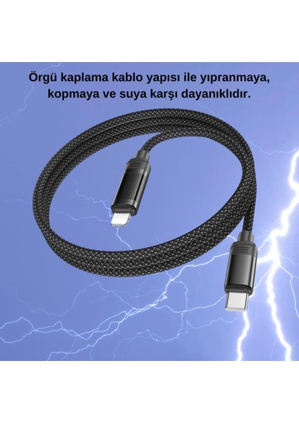 1 Metre 27W Süper Hızlı Kopmaz Type-C To iPhone Lightning Şarj Data Kablosu, Akım, Voltaj Korumalı