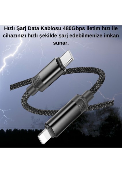 1 Metre 27W Süper Hızlı Kopmaz Type-C To iPhone Lightning Şarj Data Kablosu, Akım, Voltaj Korumalı