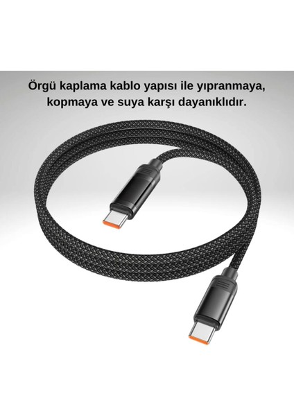 1mt 100W LED Işıklı Süper Hızlı Kopmaz Type-C To Type C Şarj Data Kablosu, Akım, Voltaj Korumalı