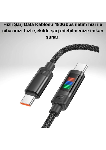1mt 100W LED Işıklı Süper Hızlı Kopmaz Type-C To Type C Şarj Data Kablosu, Akım, Voltaj Korumalı