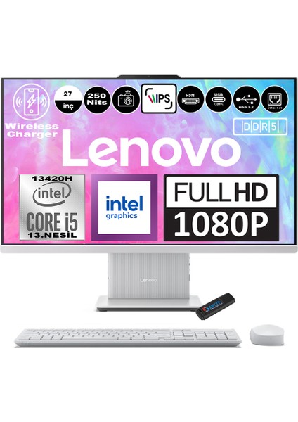 Ideacentre Aıo 27IRH9 Intel Core I5-13420H Ddr5 32GB 1tb SSD Intel UHD Graphics 27 Inç Fhd IPS Freedos Beyaz All In One Bilgisayar F0HM0045TRF11 + Zetta Flash Bellek