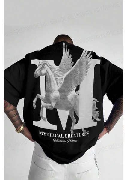 Erkek Mythical Pegasus Baskılı Siyah Bisiklet Yaka Oversize Salaş T-Shirt