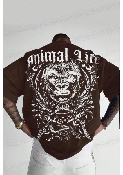 Erkek Kahverengi Animal Life Baskılı Oversize Salaş T-Shirt