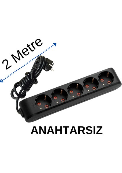 5'li Beşli Priz Topraklı Kablolu Siyah 2 (İki) Metre