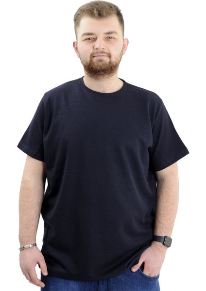 Büyük Beden Erkek T-Shirt Bisiklet Yaka Waffle 20033 Lacivert