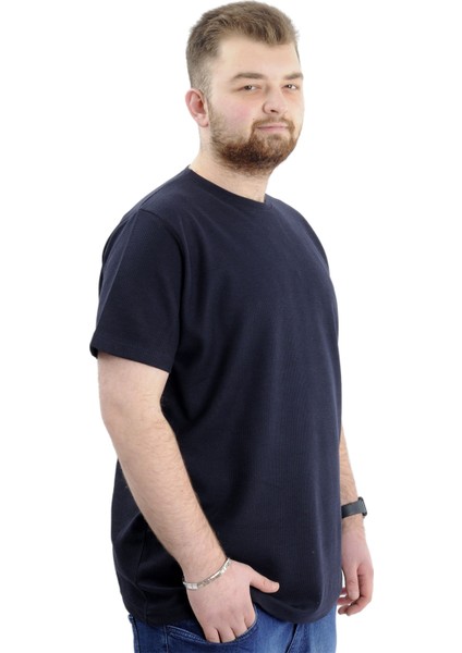 Büyük Beden Erkek T-Shirt Bisiklet Yaka Waffle 20033 Lacivert